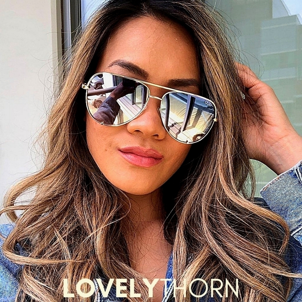 QUAY // ltd ed oversized aviators gold frames navy peach fade lenses - Picture 7 of 16